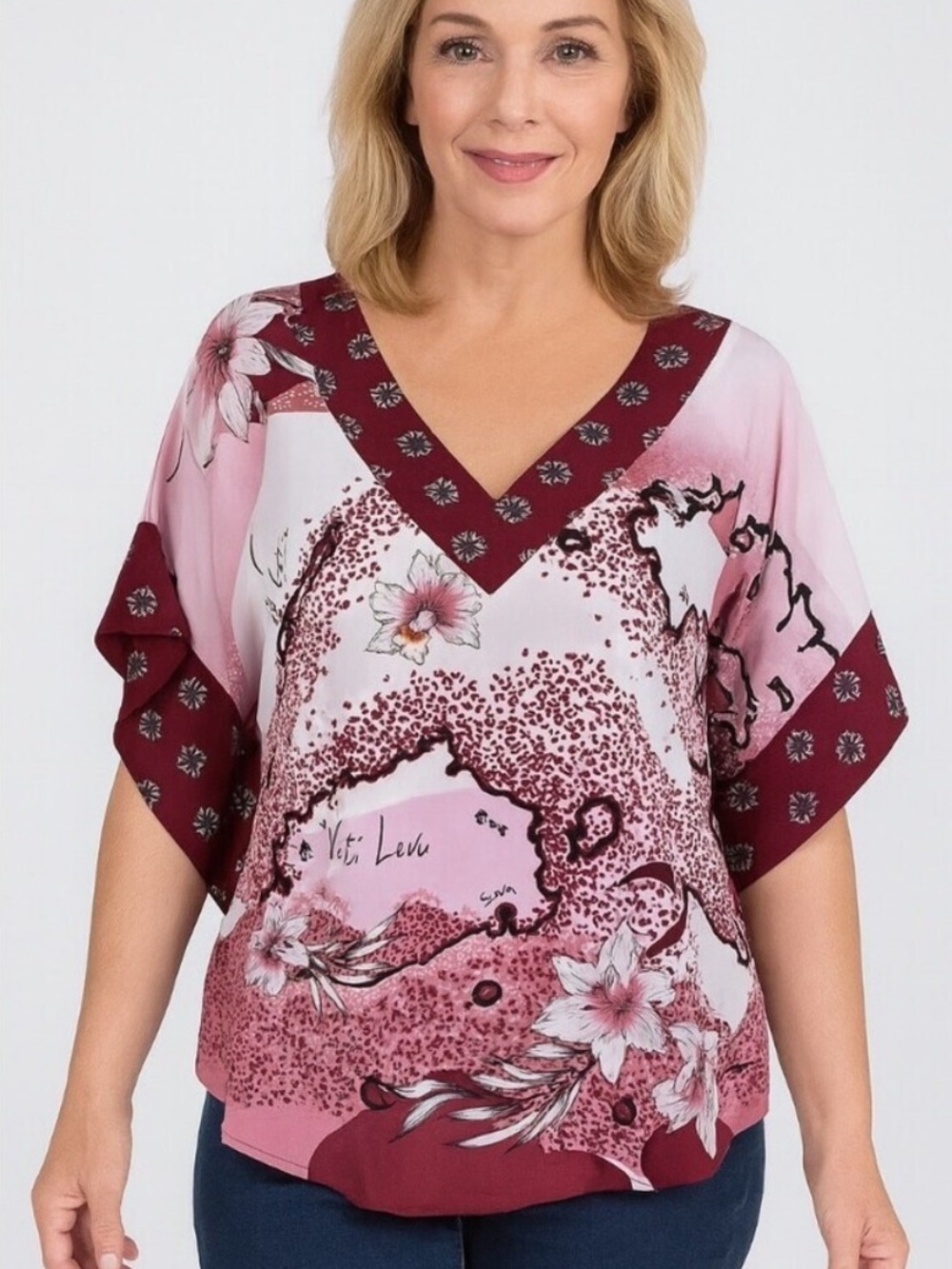 NWT WHBM Fiji Sunset Kimono Top Blouse V-neck Flowy Maroon White Pink Women’s XL - Picture 2 of 10